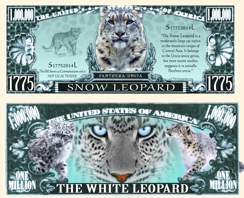 Snow Leopard Million Dollar Bill Play Funny Money Novelty with FREE SLEEVE