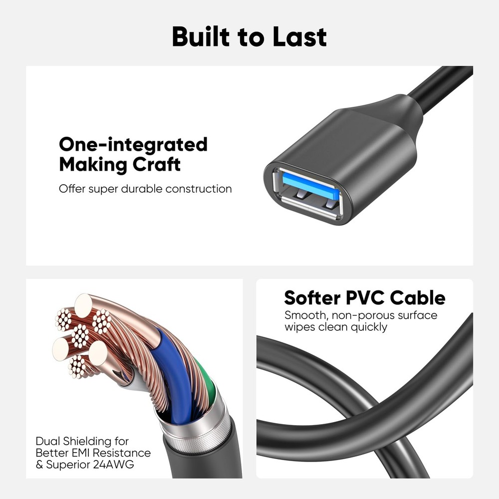 JasRoum Short USB Extension Cable Right Angle & Left 5Gbps Data A 8 inch
