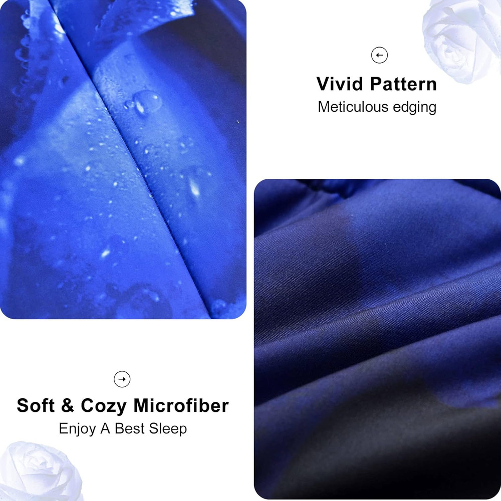 Blue Comforter Set Queen, Reversible Blue Rose Pattern Printed Bedding Comforter
