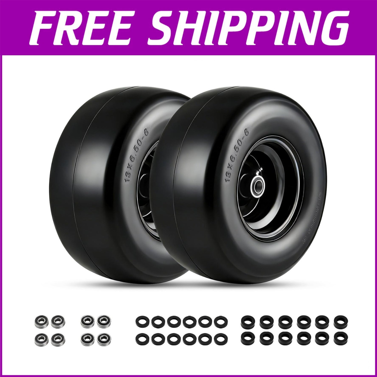 2 pack 13x6.50-6 Flat Free Tire Wheel Set w/ Bearing For Zero-Turn Lawn Mower