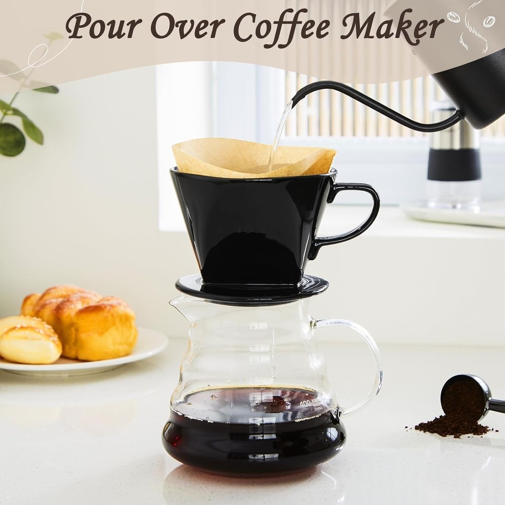 Ceramic Pour Over Coffee Dripper Flat Bottom 3Hole Manual Brewer Size 2 Black US