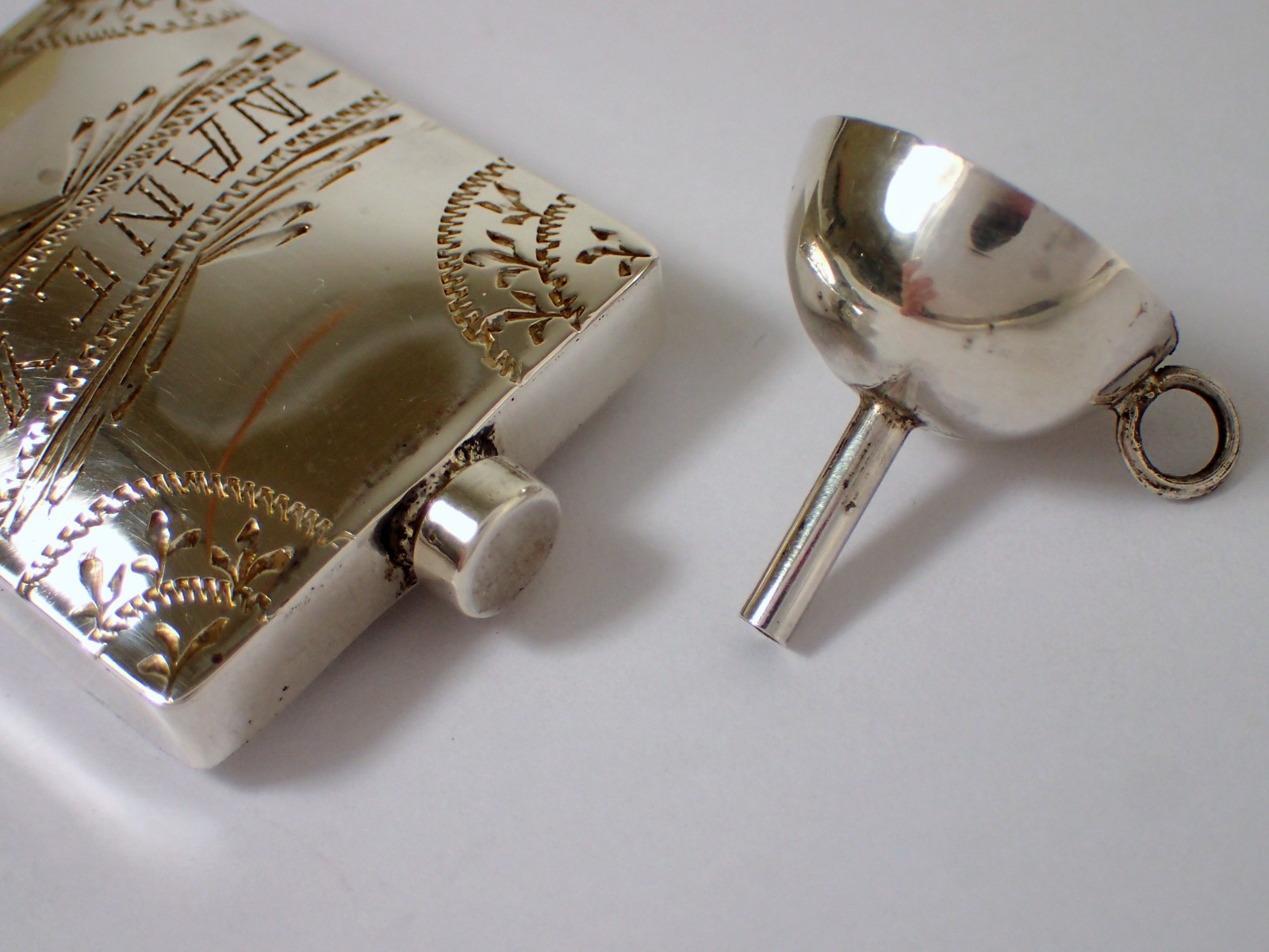 Vtg Mexican Sterling Monterrey Etched NANCY Perfume Scent Bottle Flask w Funnel