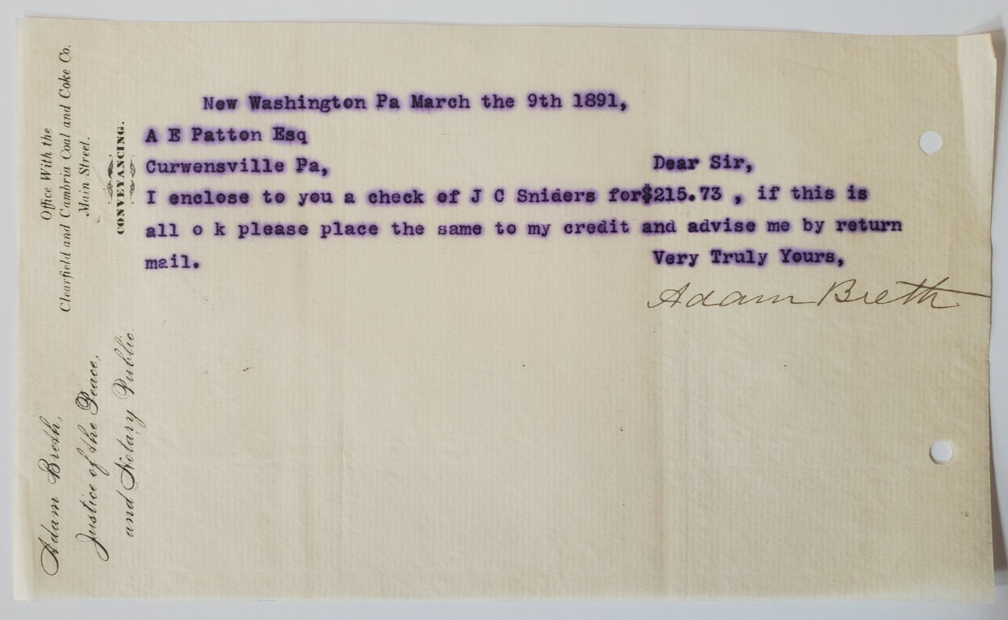 1891 Letter, Signed Adam Breth, Justice Of The Peace, Clearfield/Cambria Coal PA