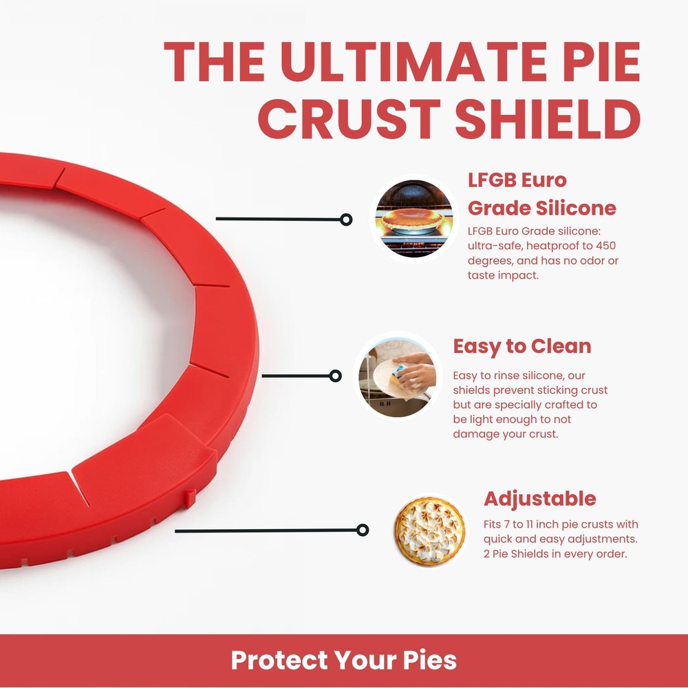 BakeBarn Pie Shield, 2 Pack Crust Protector, 100% Adjustable, Red