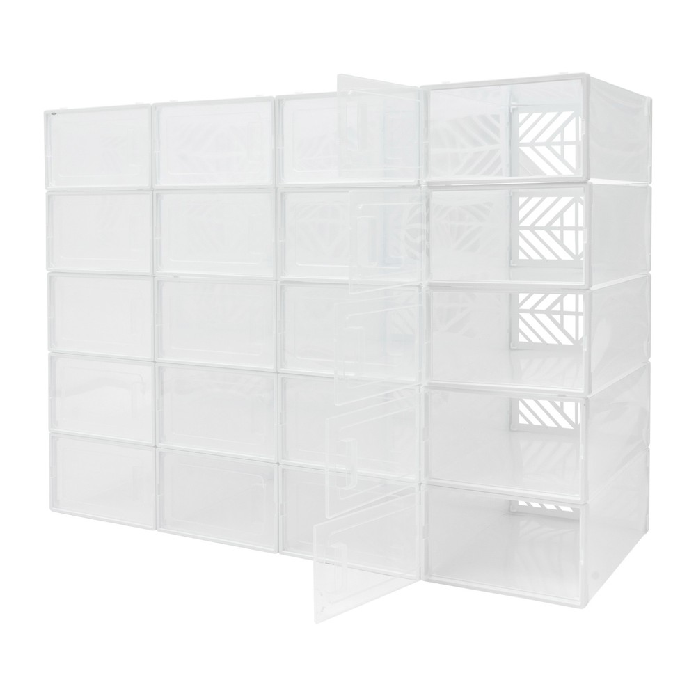 20 Pack White Plastic Shoe Boxes With Lids Stackable Storage Containers Organize