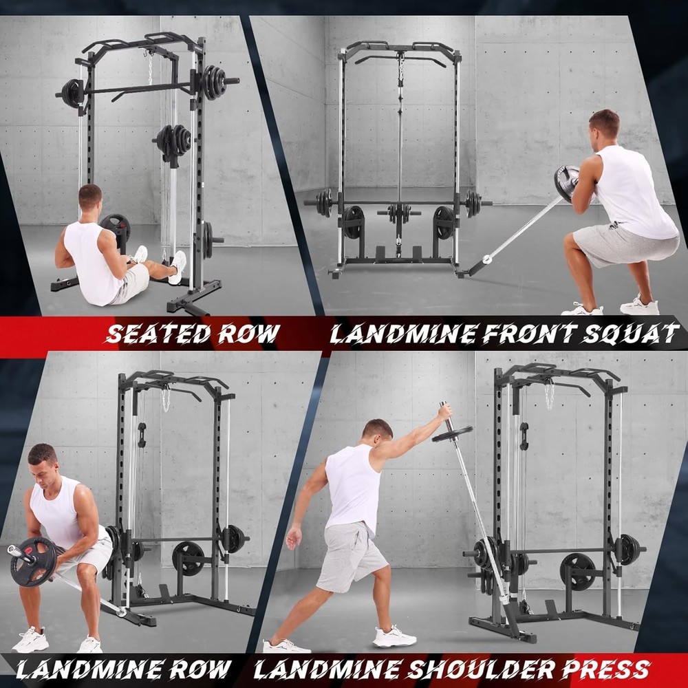 Smith Machine Power Cage Power Rack Squat Rack w/LAT Pulldown, No Weights Bench