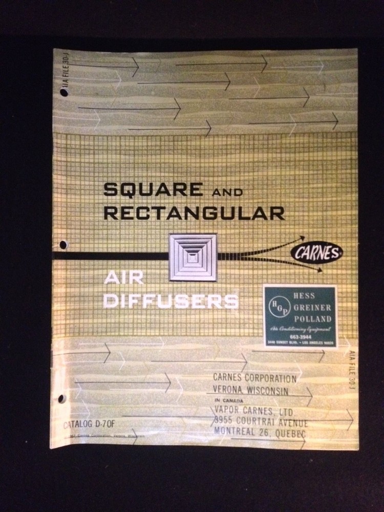 CARNES Square and Rectangular Air Diffusers Catalog D-7OF D-70F 1960's