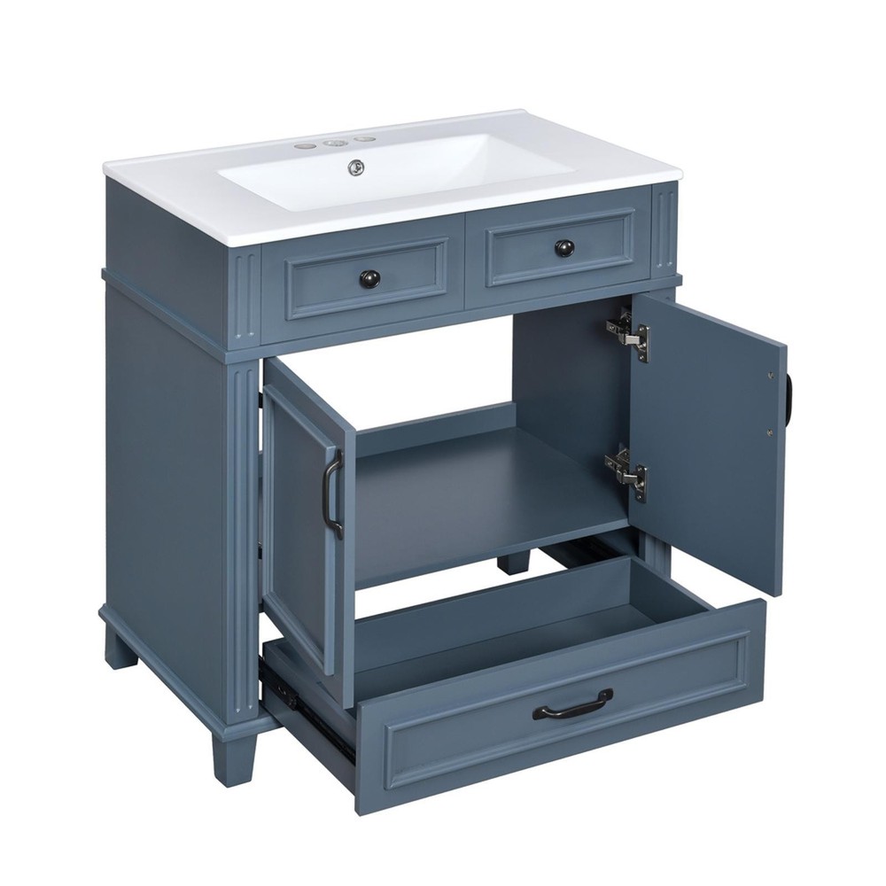 Retro 30'' Bathroom Vanity with Ceramic Basin, Sturdy Solid Wood Frame,