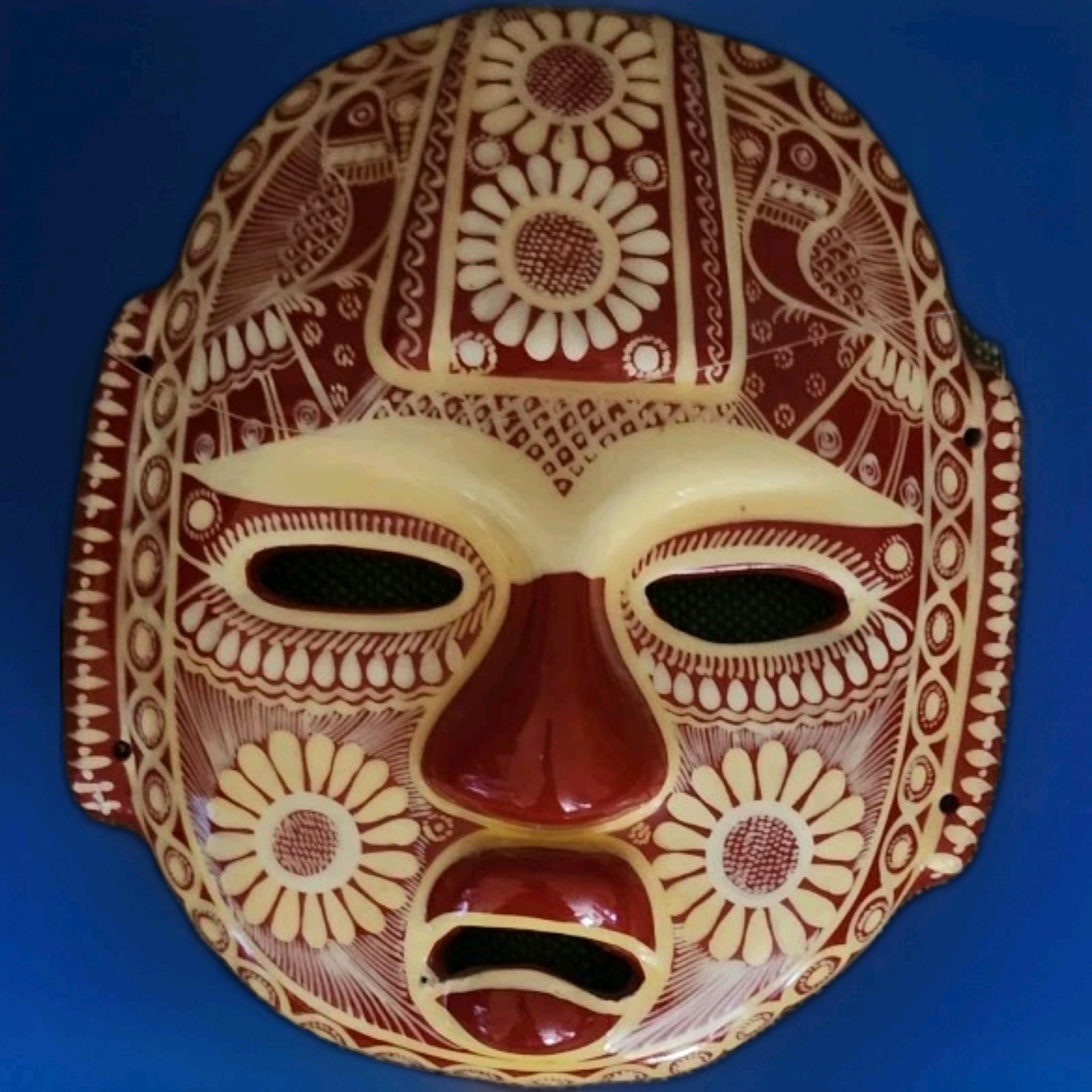 Rare Vintage Mexican Hand Painted Terracotta Mask Folk Art Wall Decor 8"