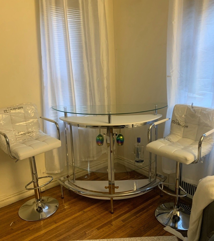 Stylish Bar Table Set – Includes Wine Storage & 2 White Stools!