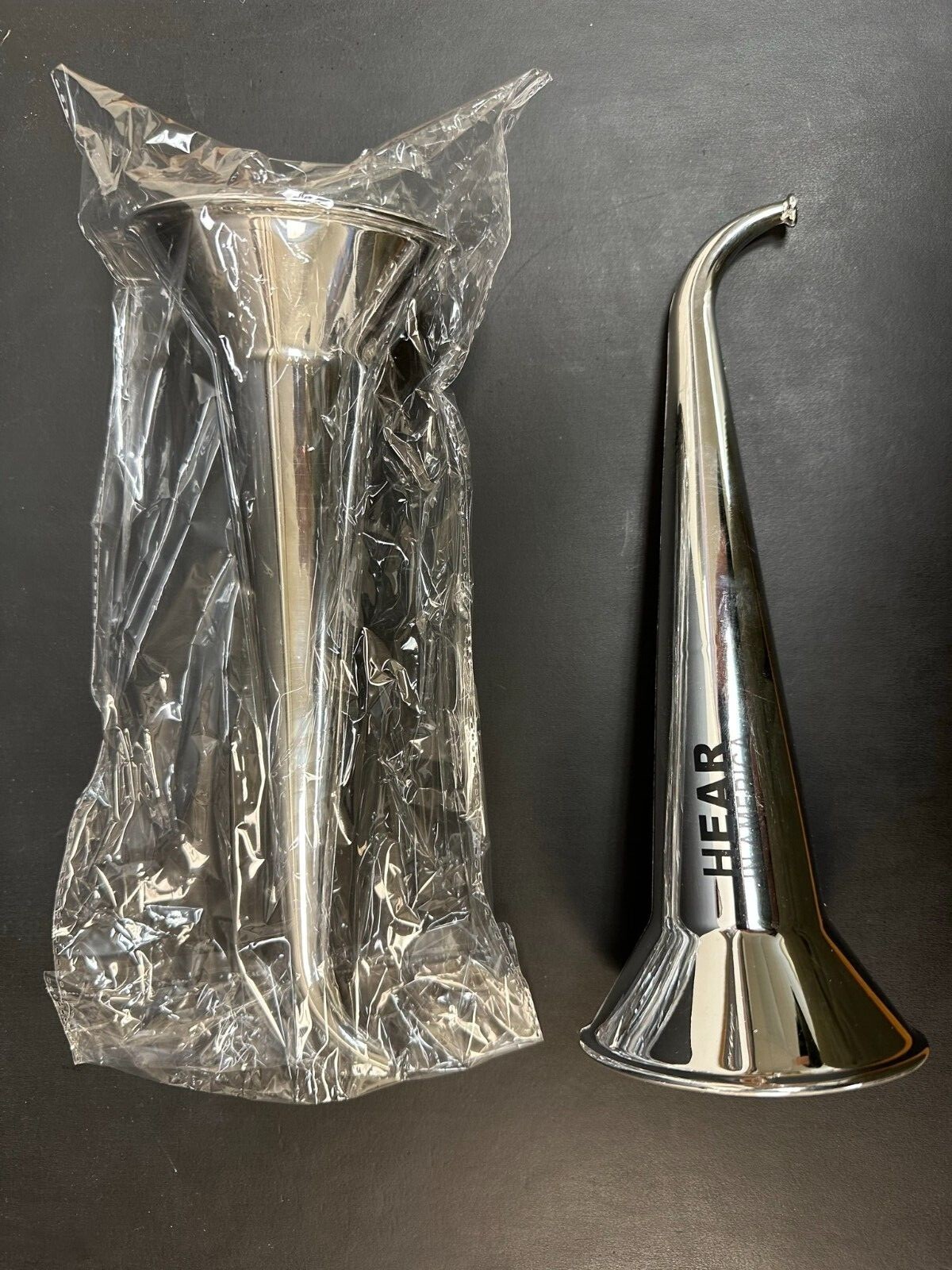 PAIR of REPRODUCTION PLASTIC EAR HORNS BUGLES TRUMPETS HEARING AID - New In Bag 