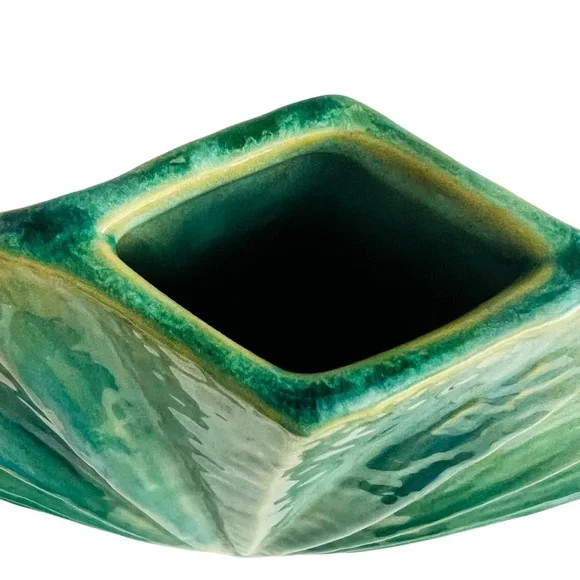 Vintage Art Pottery Clam Shell Shape Vase Resting on Rectangular Wood Base