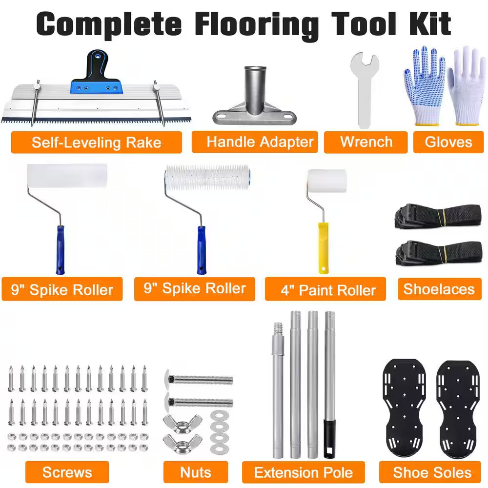 Multi-Color Self-Leveling Floor Tool Kit with Rake, Spike Rollers, Paint Roller,