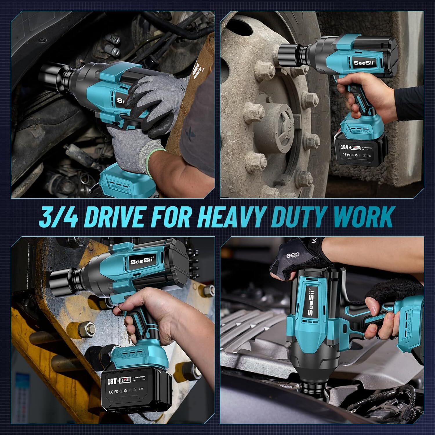 Impact Wrench Cordless 3/4" 2000Nm 1475ft-lbs Brushless Gun 1/2" 6000mAh+6000mAh