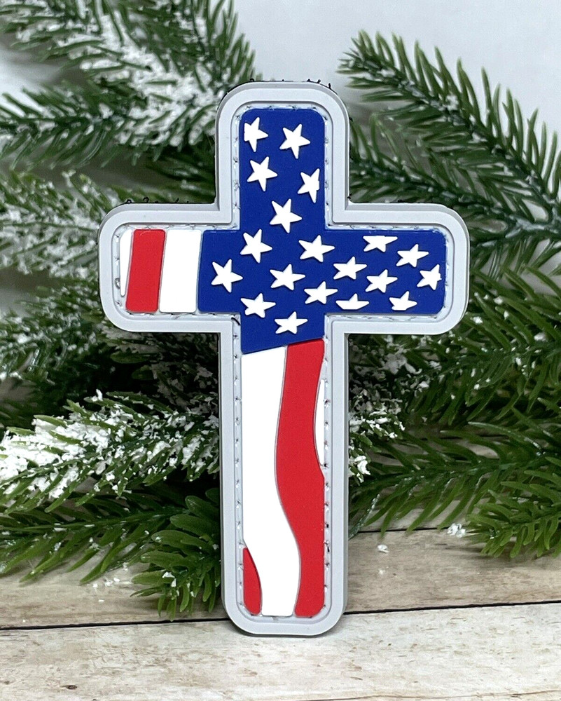 Cross PVC Patch - Tactical Morale Patch - USA Flag Patch -Religious -  Hook Back
