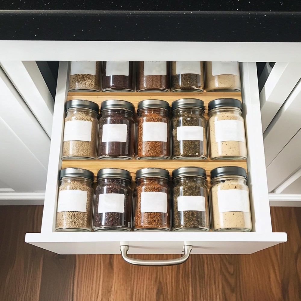 WodGod Bamboo Spice Rack Drawer Organizer - 4-Tier Stackable Kitchen Insert