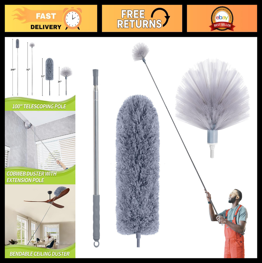 Cobweb Duster with Extension Pole & Microfiber Brush - Ceiling Cleaning Kit 100"