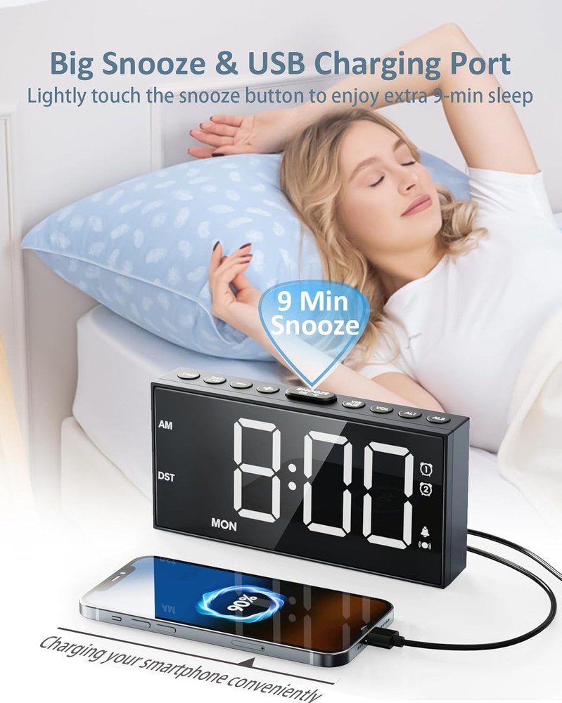 Battery Backup Alarm Clock with Vibrating Feature & USB Port for Convenience