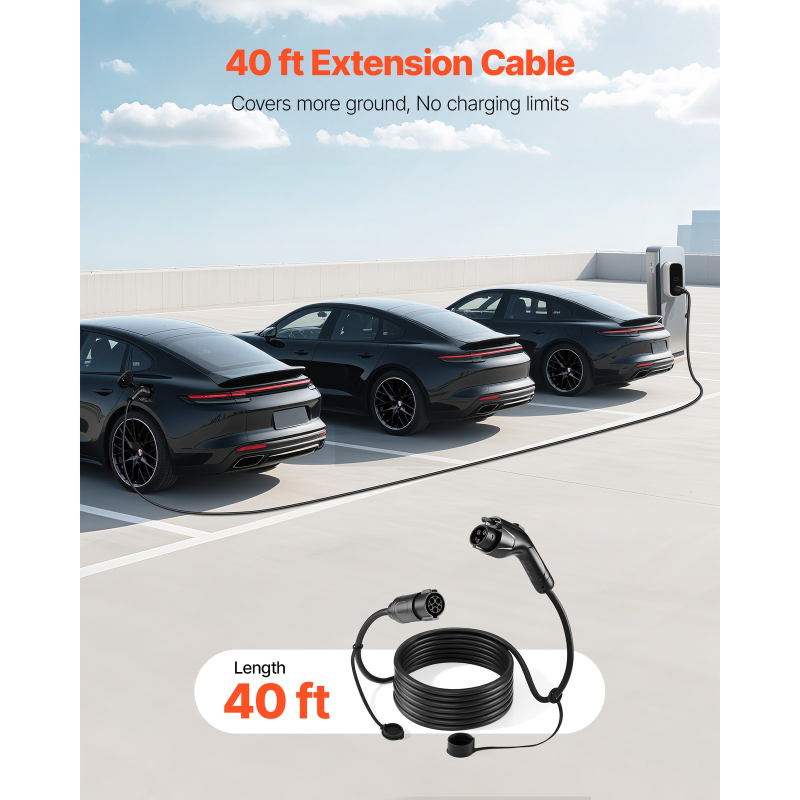 Uimoso EV Charger Extension Cable 40A 40 ft J1772 Level 1 and Level 2 Compatible