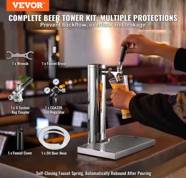VEVOR Kegerator Tower Kit Single Tap Beer Conversion Kit with Beer Drip Tray