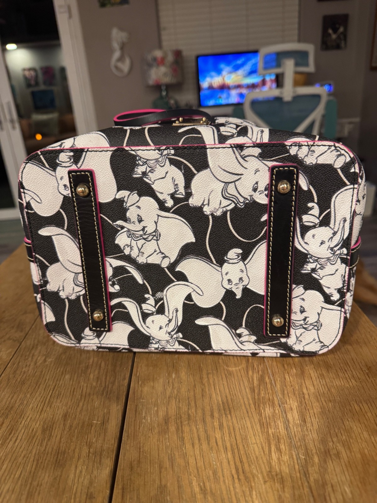 Dooney & Bourke Disney Black White Pink Dumbo Drawstring Bucket Purse Handbag