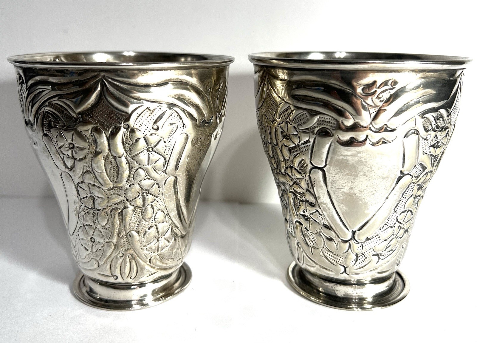Vintage Silverplate Embossed Goblet Tumblers Vases - TWO’S COMPANY - 4” Tall