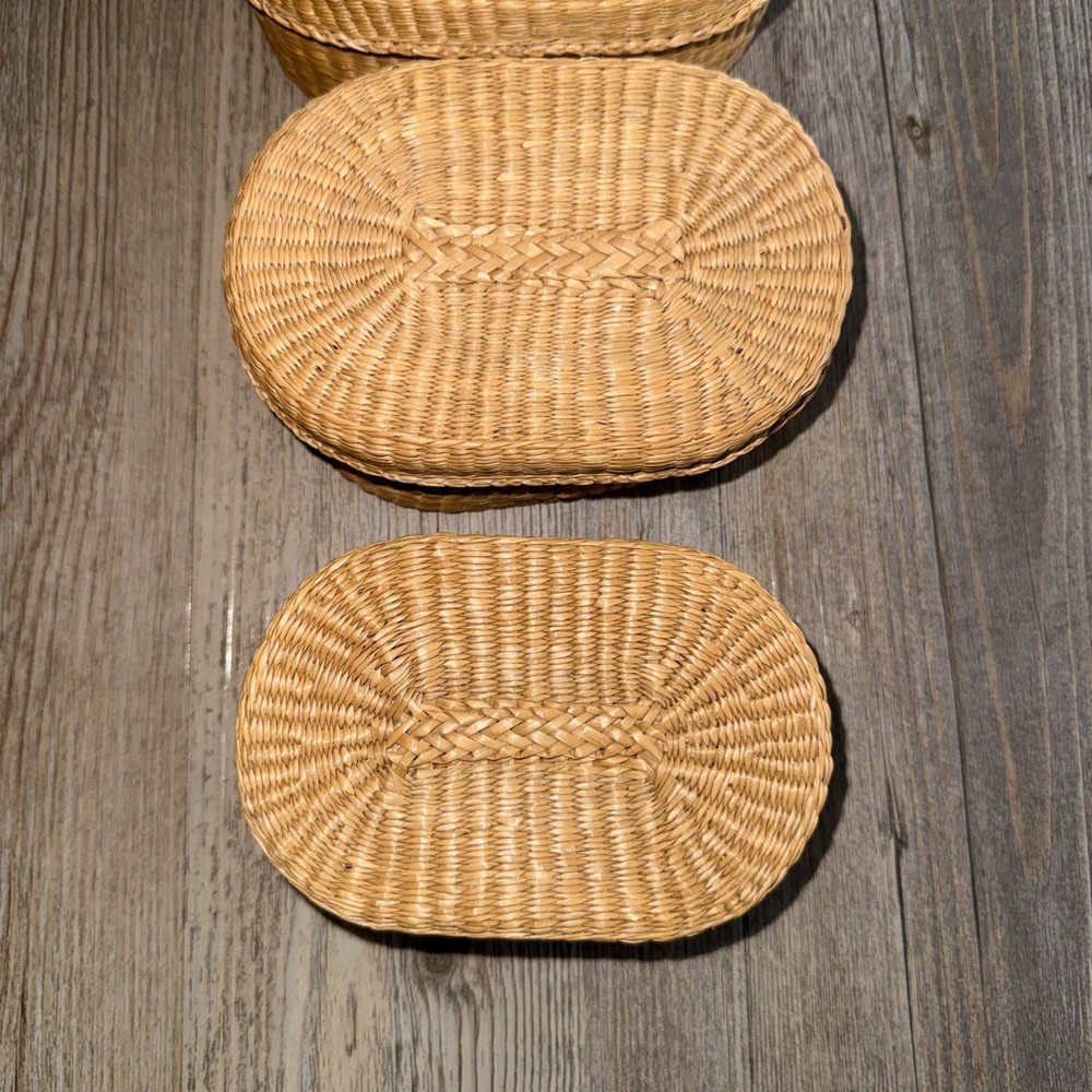 Vintage Nesting Basket Storage Trinket Box Set Oval w/Lids Sweetgrass Stackable