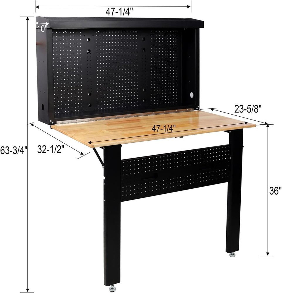 Wall Mounted Workbench Foldable Rubberwood Work Surface, Pegboard Tool Storage