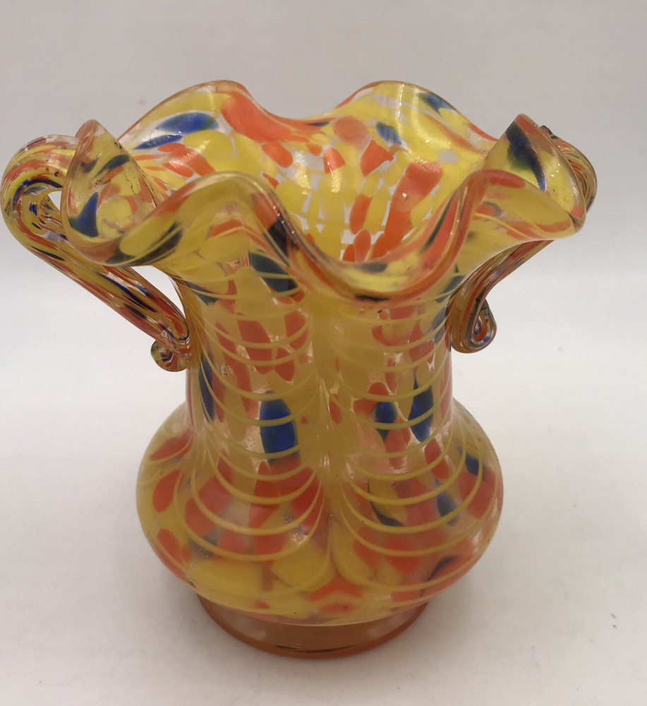 Handblown Double Handled Vase Pot Decor Colorful Unique Unmarked