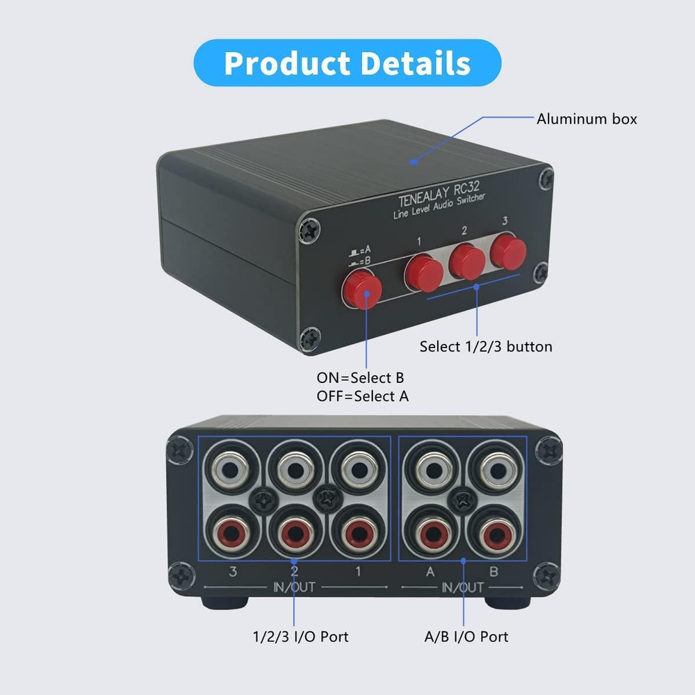 3 in 2 Out RCA Stereo Audio Switch Input Signal Source Switcher Selector Splitte
