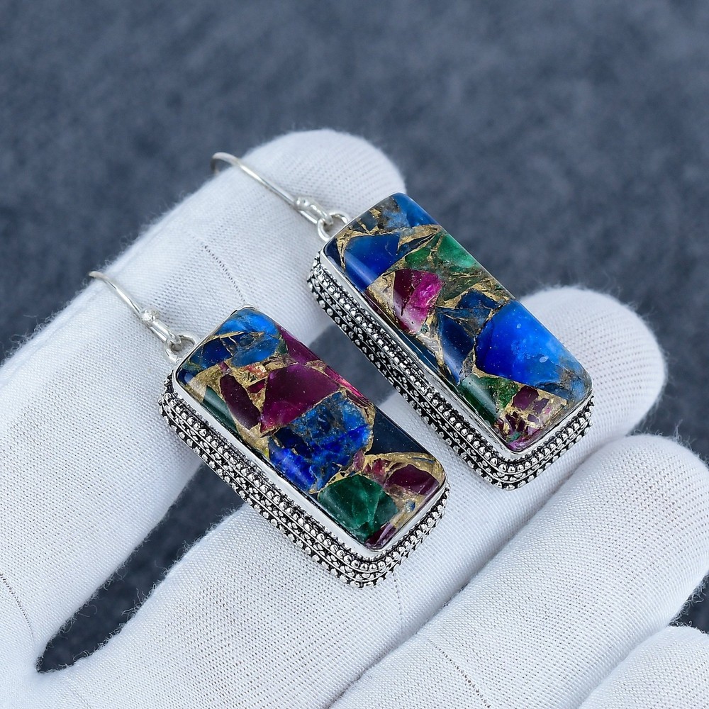 Multi Copper Turquoise Gemstone Handmade Earrings - 925 Solid Sterling Silver