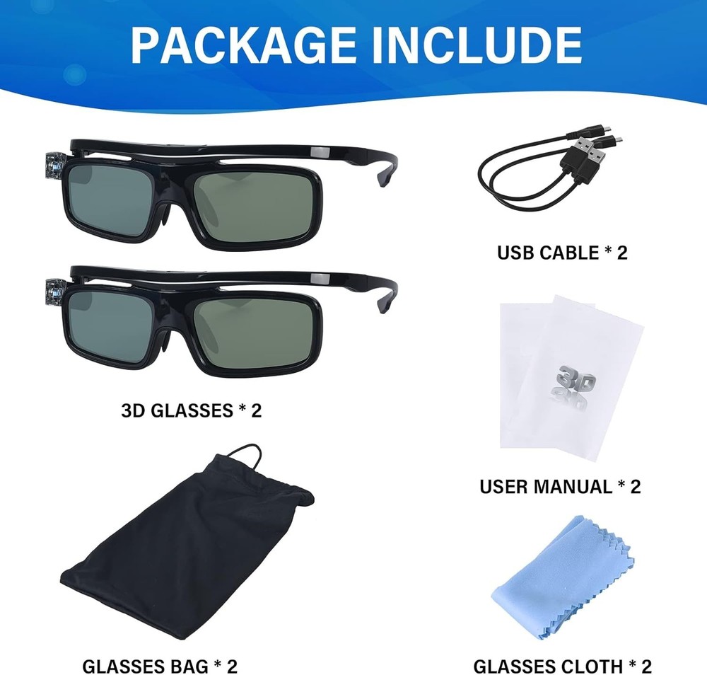 Active Shutter Rechargeable 3D Glasses - HD Experience