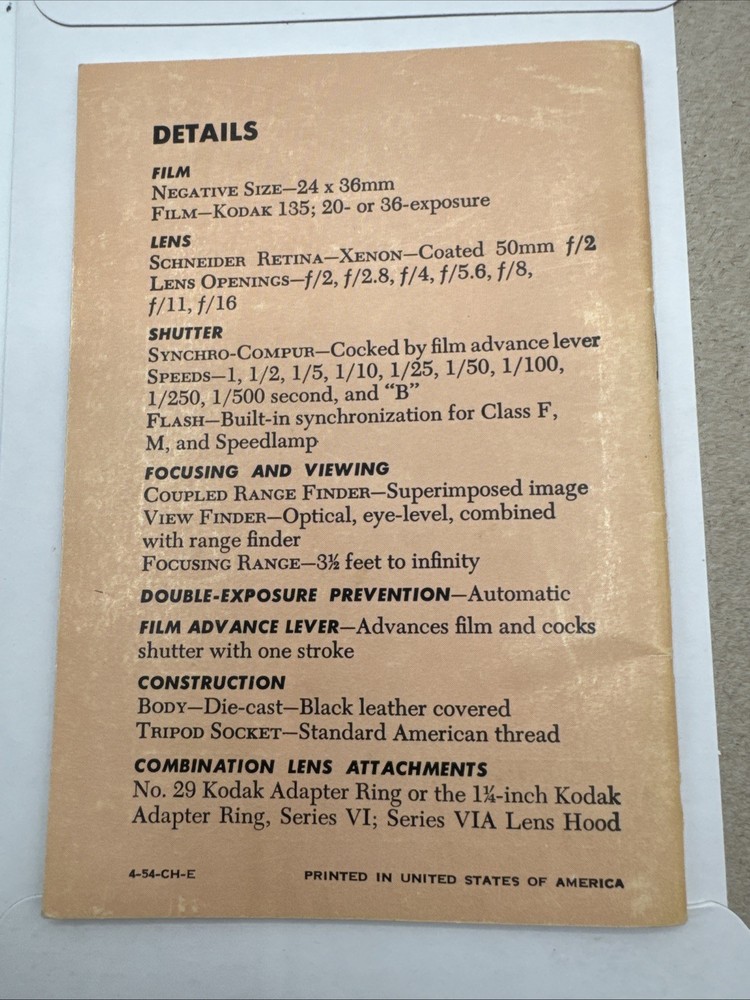 KODAK RETINA IIa CAMERA Instruction Operating Manual Guide
