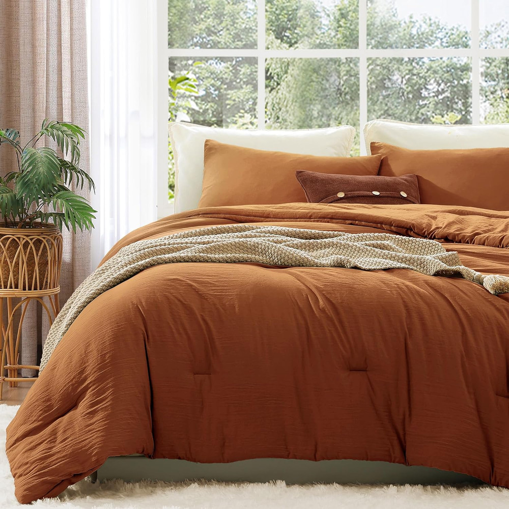 Full Size Comforter Sets - 3 Pieces Prewashed Burnt Orange Comforter Soft Lightw
