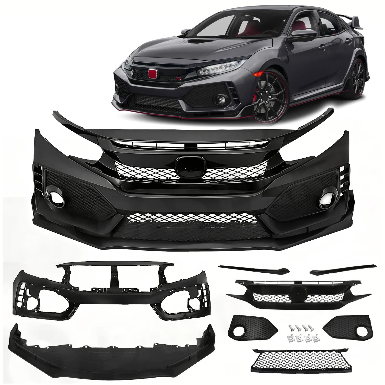 Front Fascia Bumper Cover for 2016-2021 Honda Civic Coupe Sedan Type R Style Set