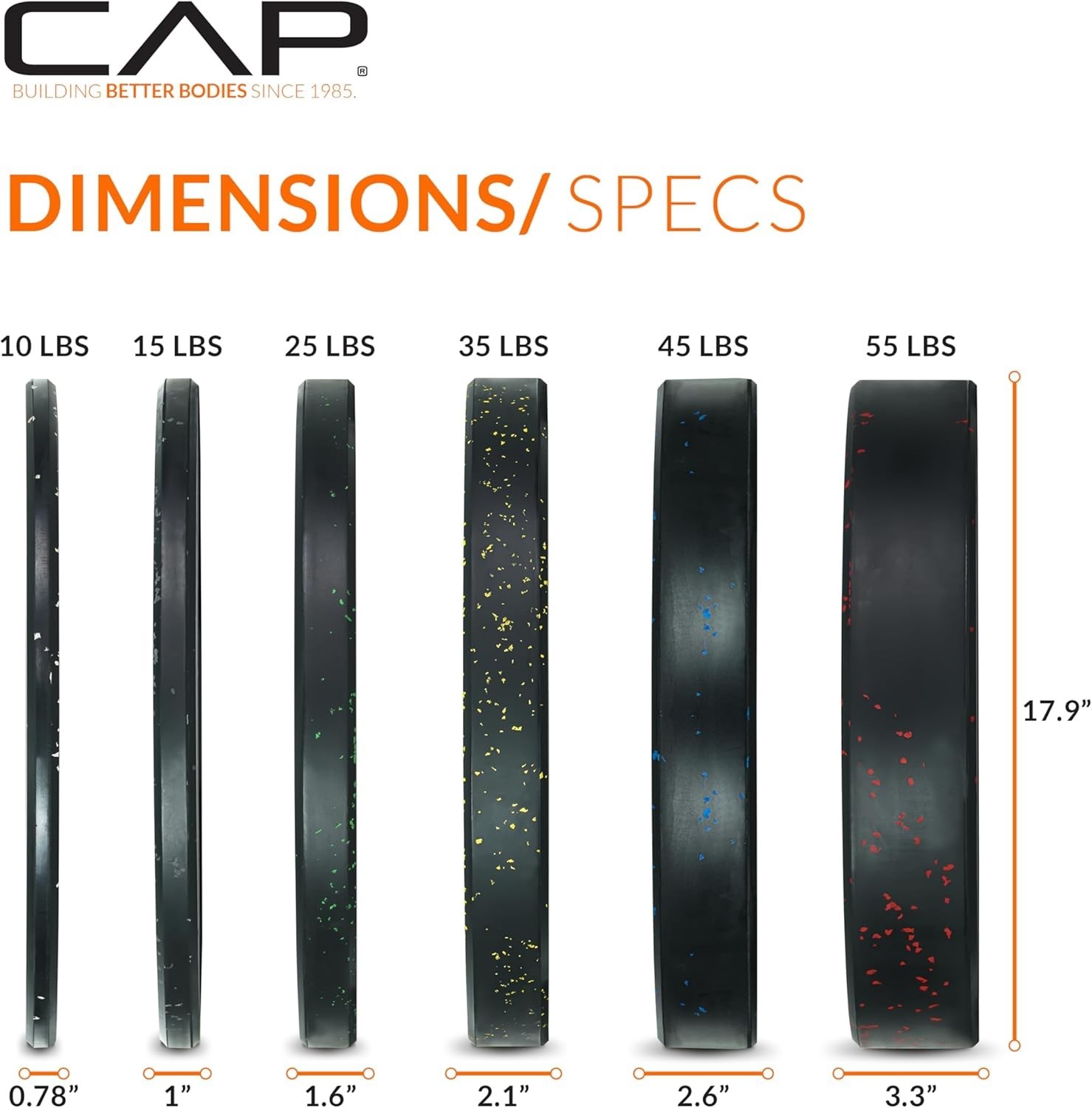 CAP Barbell Economy - Speckled Olympic Bumper Plate Set with Color Logo, Blac