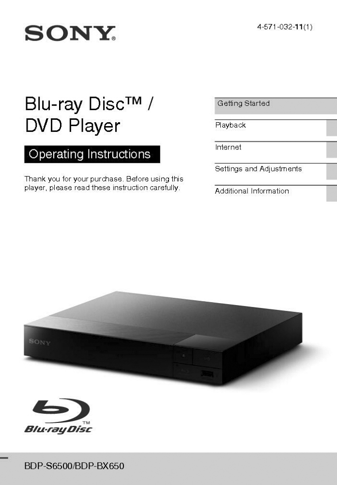 Sony BDP-BX650 Blu-ray Player Owners Manual