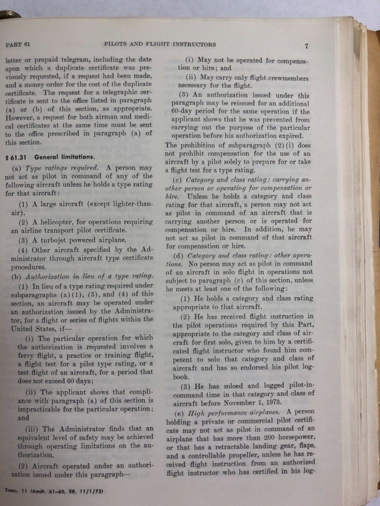 Federal Aviation Regulations 1972 Original