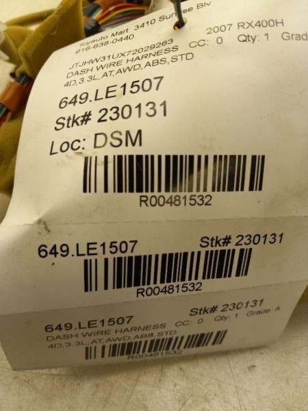 2007 LEXUS RX400H DASH WIRE HARNESS