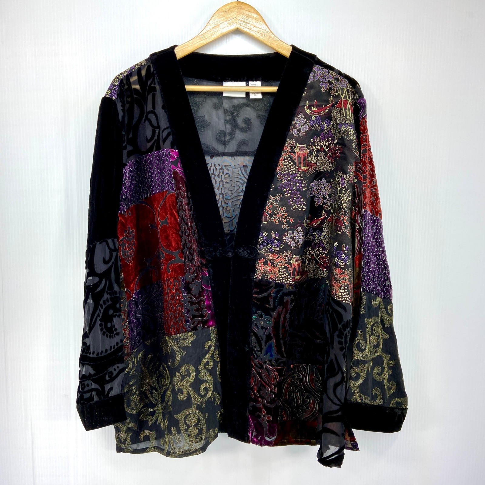 Chicos Patchwork Velvet Burnout Kimono Yukata Jacket Black Floral Womens 3 XL 16