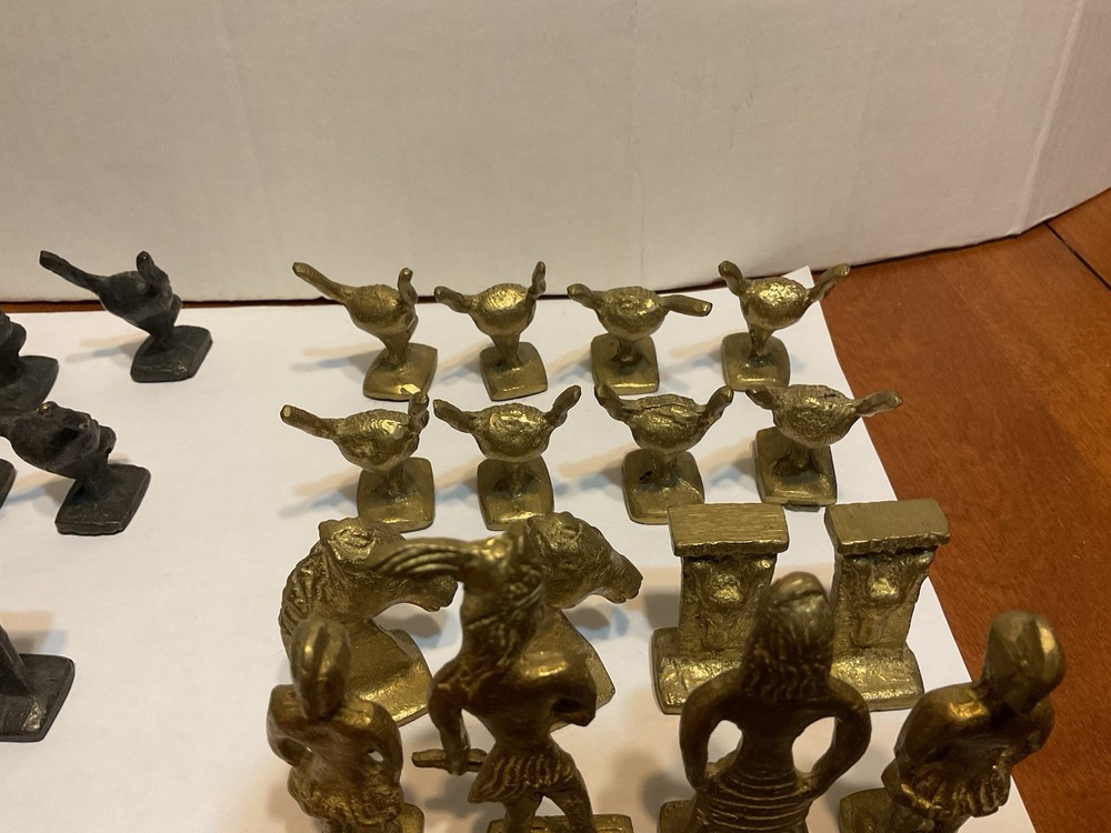 Vintage Solid Cast Brass Chess Pieces Set Greece Roman Unique