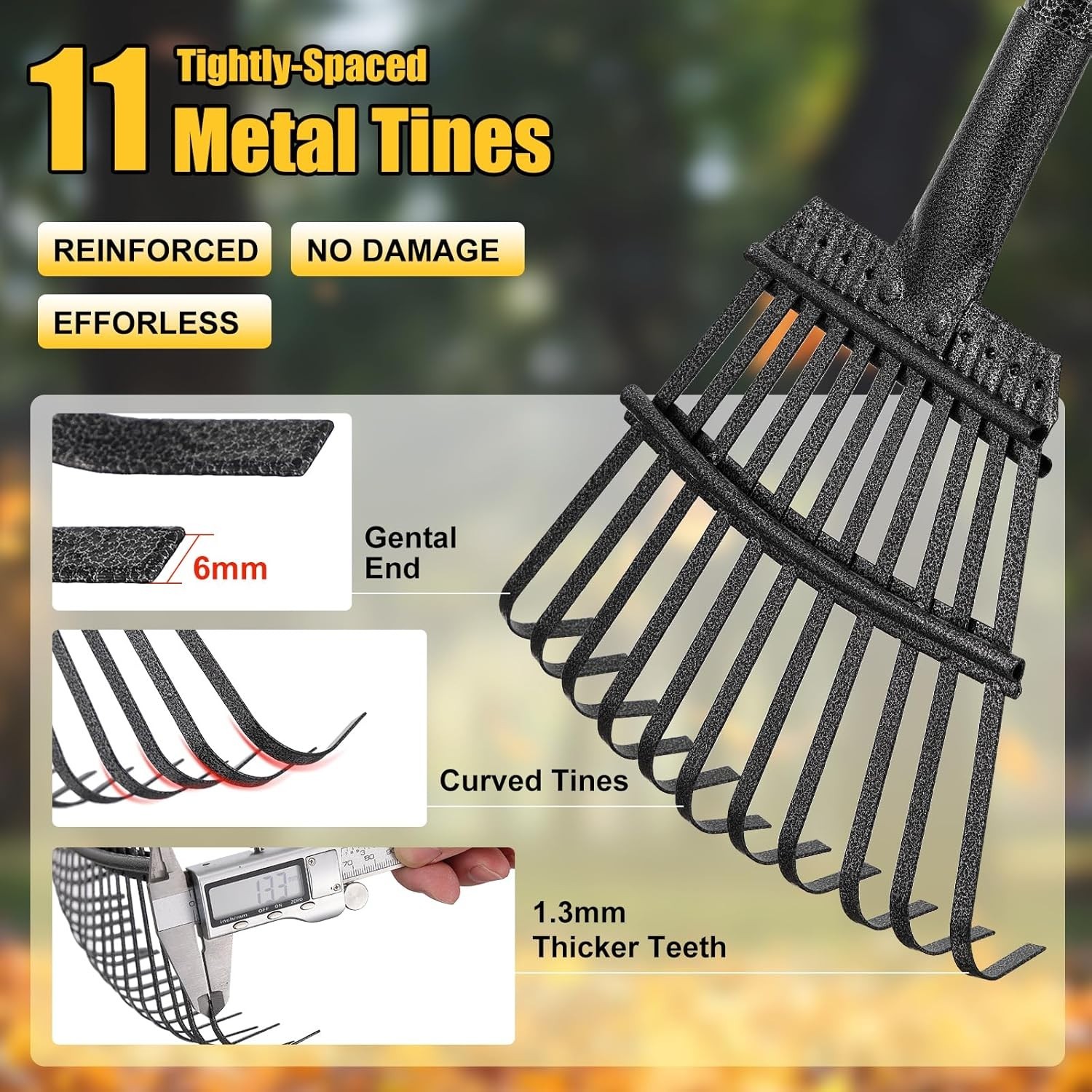 Heavy Duty Garden Leaf Rake 8.5" Wide Extendable Handle Compact Steel