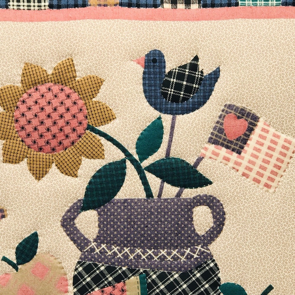 Handmade Patchwork Quilted Floral Wallhanging In Solid Oak Frame 19x19 Inches