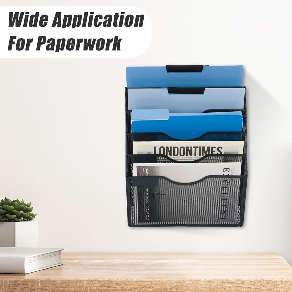 Wall File Organizer 5 Pocket Mesh Hanging Mail Holder Document Folder Rack Black