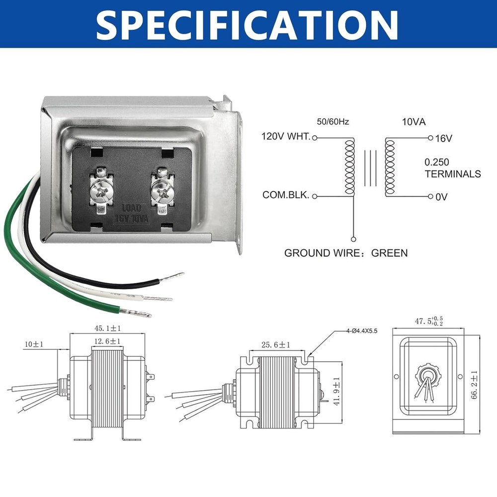 Compact 16V 10VA Doorbell Transformer with Fuse Protection - Easy Install