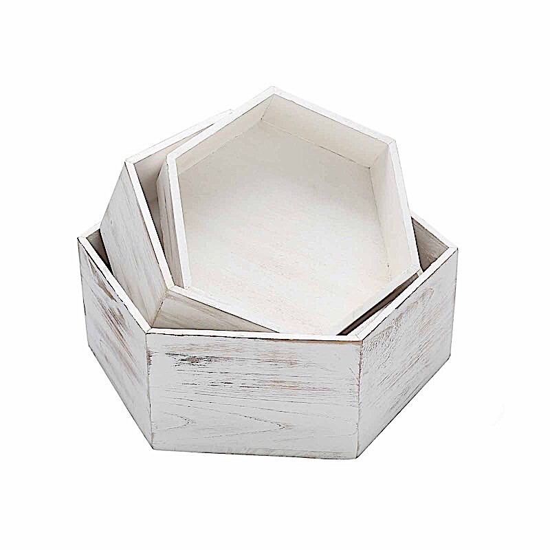 3 Whitewashed Wooden CAKE STAND Hexagonal Dessert Display Boxes Party Events