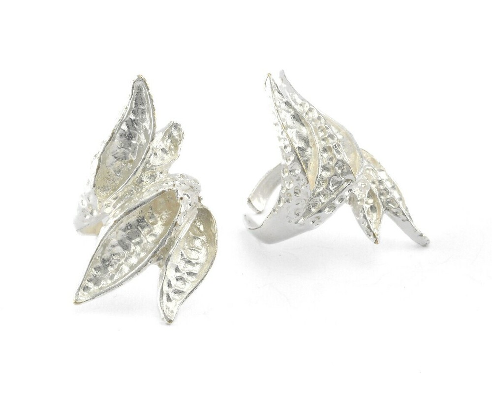Leaf Flowers Ring Adjustable Hammered Shiny Silver Plated Brass 7US size 2695