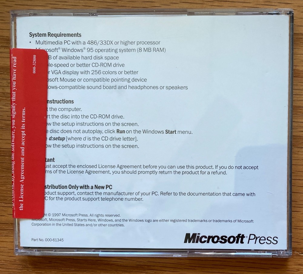 Microsoft Windows 95 Original Install CD-ROM, COA/Product Key & User Guide