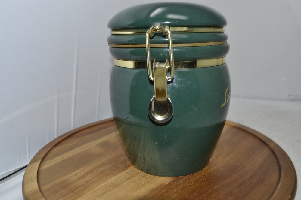 Starbucks Coffee Storage Canister Forest Green & Gold Script Logo Jar 7”