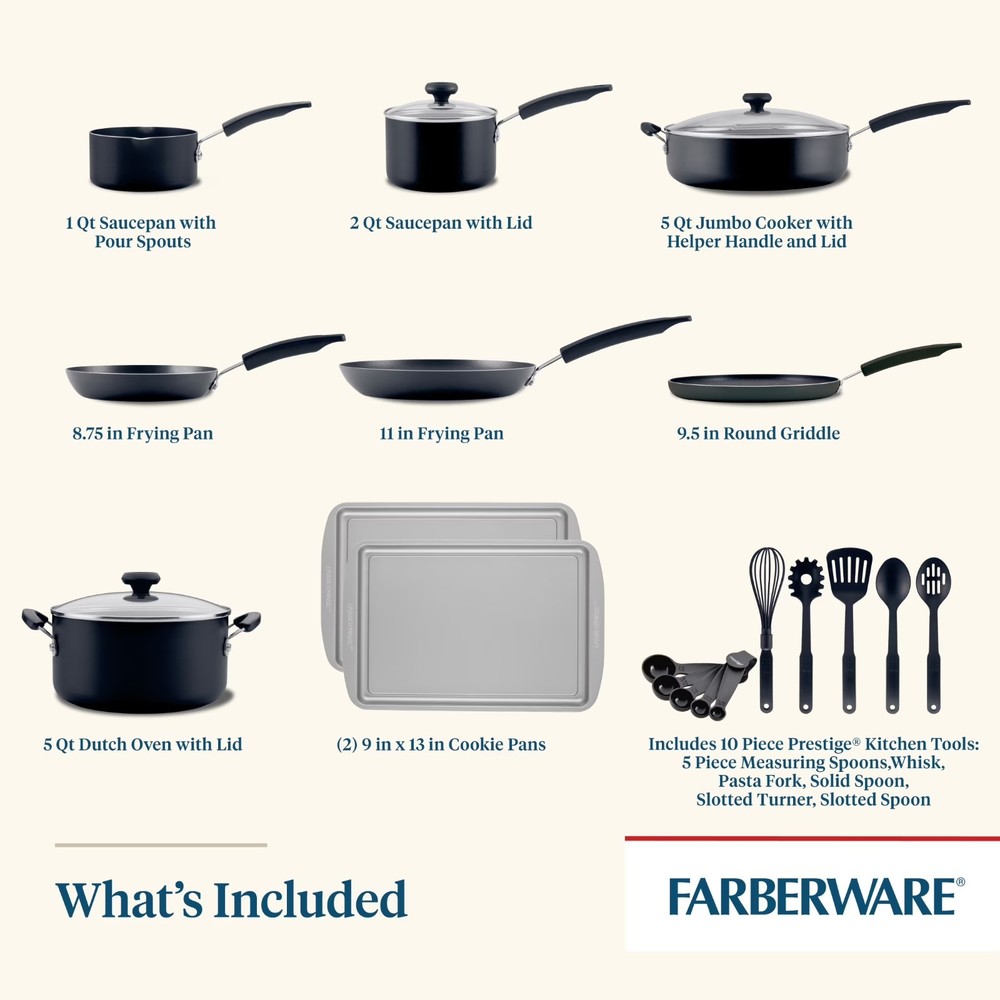 Farberware Easy Clean 22 Pcs Nonstick Cookware Set, Dishwasher Safe, Black